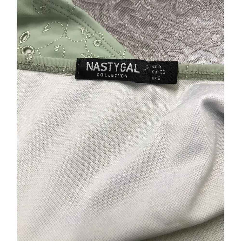 VGT Nasty Gal COLLECTIO Women's 4 Bikini Bottom GREEN EMBROIDERY Cheeky Swimwear